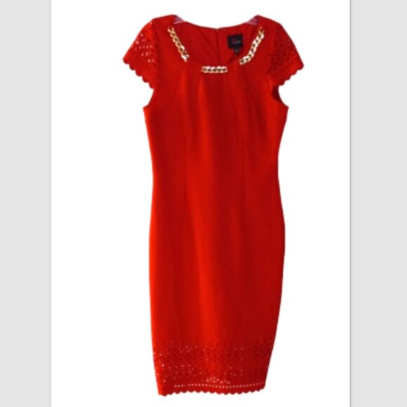Women's Red Dress NEW Gold Chain Sz 10 CutOut Hem/Sleeve JM Studio By John Meyer - Picture 4 of 15